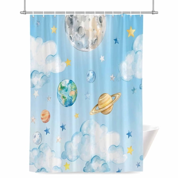Planets Blue Sky Shower Curtain, 36" x 72", Earth Moon Yellow Star Clouds Dreamy Waterproof Bathroom Curtain Washable Shower Curtain Set with 12 Hooks