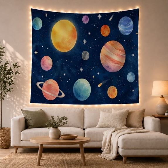 Planets Against Deep Navy Sky Whimsical Watercolor for Astronomy Fans, Celestial Art Print, Birthday Gift, Tapestry Wall Hanging for Bedroom and Living Room