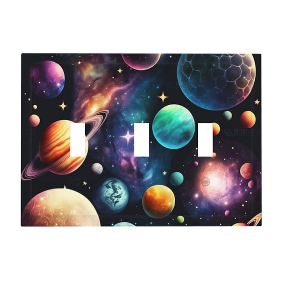 Planets Galaxy Stars Cosmic Space 3-Gang Wall Plate Modern Decorative Triple Toggle Switch Cover for Home & Commercial Use