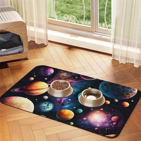 Planets Galaxy Stars Cosmic Space Absorbent PU Leather Pet Feeding Placemat Non-Slip Dog Cat Bowl Mat for Food Water 30x45cm