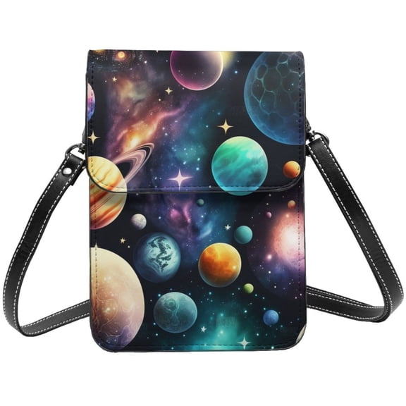 Planets Galaxy Stars Cosmic Space Cell Phone Purse Small Crossbody Bag with Strap Credit Card Slots Leather Shoulder Wallet for Women