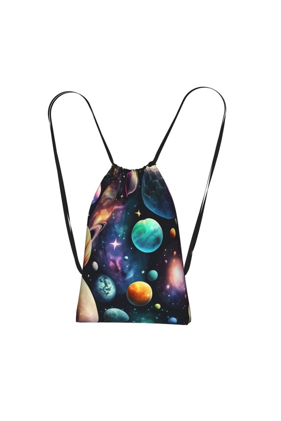 Planets Galaxy Stars Cosmic Space Packable Drawstring Backpack, Lightweight Foldable Cinch Storage Bag for Gym Travel Shopping