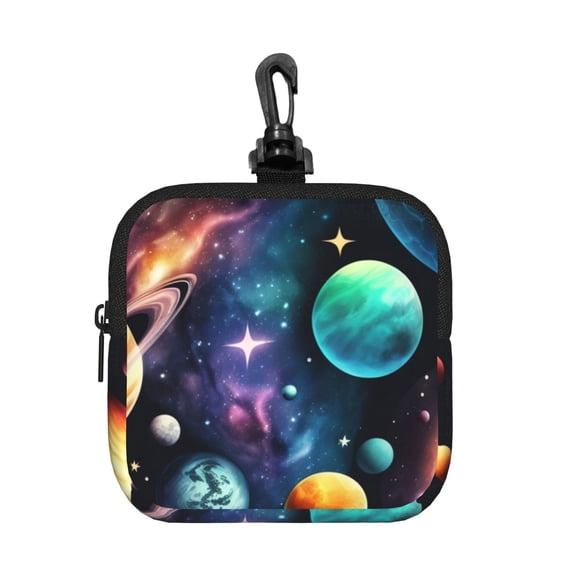 Planets Galaxy Stars Cosmic Space Square Gear Pouch with Lobster Clasp Waterproof Tech Accessory Organizer, Key & Coin Case