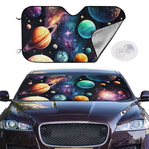 Planets Galaxy Stars Cosmic Space Windshield Sunshade Sun Shade Front Window Car Sun Visor Protector for Truck SUV Blocks UV Ray,Small