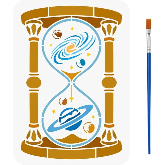 Planets Hourglasses Painting Stencil with Brush 8.3x11.7inch Plastic PET Sand Stars Pattern Drawing Template Decorative Hollowed Science Theme Stencil