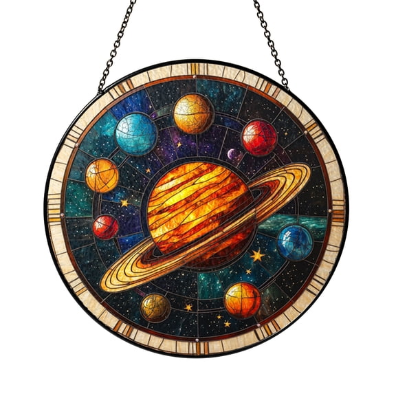 Planets Orbit Scene Window Suncatcher, Decorative Stained Glass Style Cosmic Art, Thoughtful Science Gift