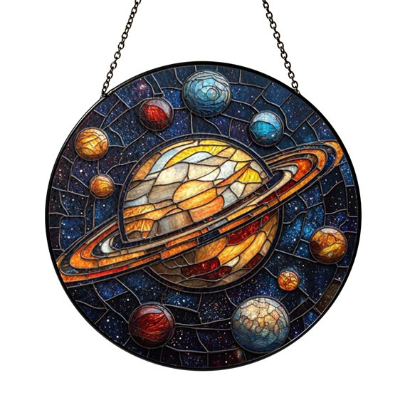 Planets Orbit Solar System Scene Stained Glass Style Window Suncatcher, Cosmic Decor Gift for Space Lovers
