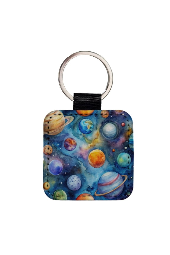 Planets Outer Space Astronomy Watercolor Faux Leather Square Keychain