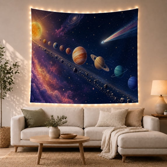Planets with Rainbow Comet and Asteroid Field, Dreamy Celestial Style for Astronomy Fans, Solar System Wall Art, Housewarming Gift, Tapestry Wall Hanging for Bedroom and Dorm