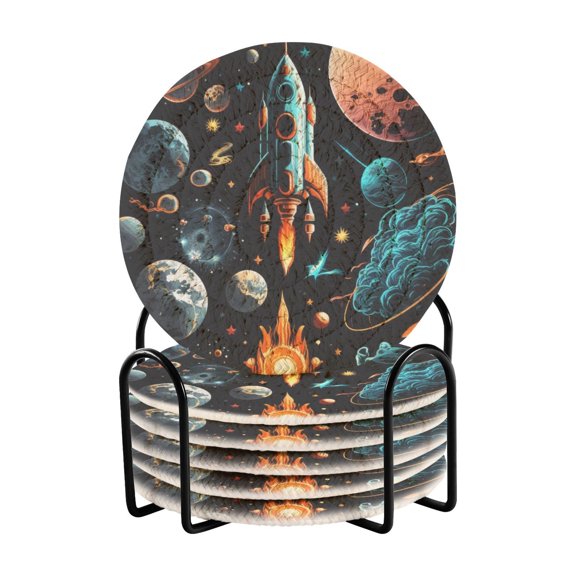 Planets Rocket Blue 6 Pcs Drink Coasters with Holder Absorbent Coasters Woven Coasters for Drinks Table Desk Protection Home Decor