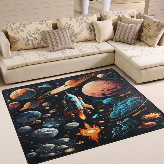 Planets Rocket Blue Area Rug Washable 80 x 58 Floor Carpet Mat Non Slip for Bedroom Living Room Home Decor