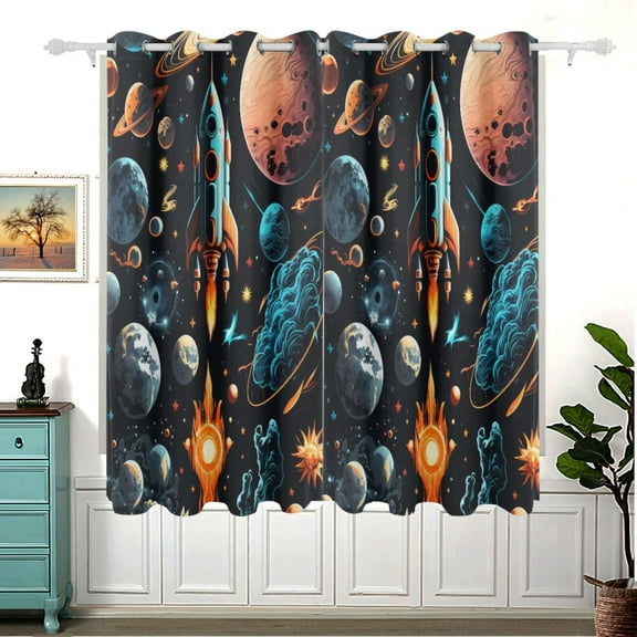 Planets Rocket Blue Blackout Curtain Panels 63x55in Drapes Privacy Assured for Living room Bedroom Bathroom 2 panels set