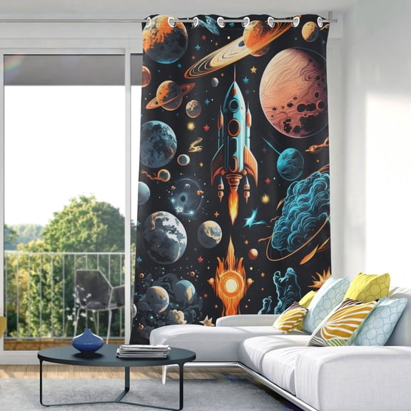 Planets Rocket Blue Blackout Curtain Panels Drapes Privacy Assured with Light Filtering Curtains for Living room Bedroom Bathroom Window