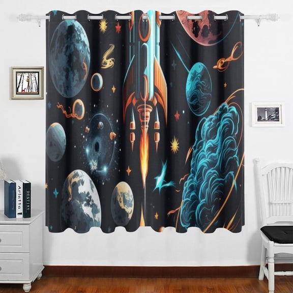 Planets Rocket Blue Curtains Black Out 63 Inch Length Curtains for Sliding Glass Doors Bedroom Living Room 2 Panels Set