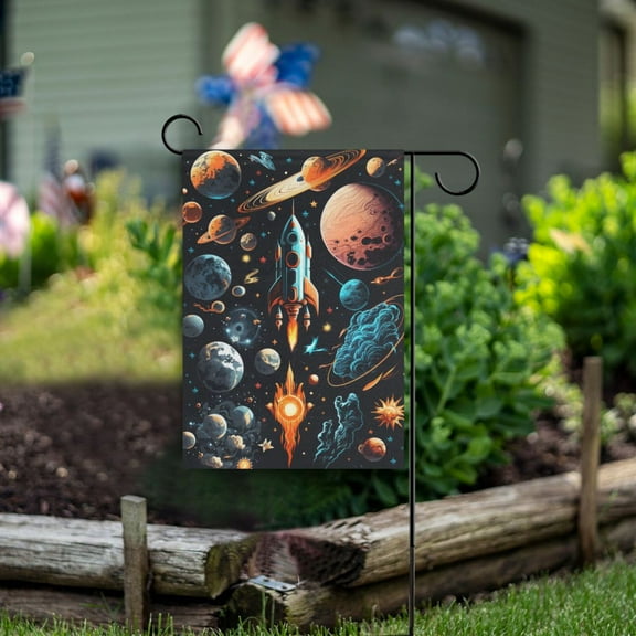 Planets Rocket Blue Garden Flag Double Sided Outdoor Banners for Courtyard Outdoor Lawn Farmhouse Holiday Decorations