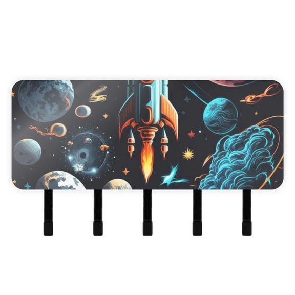 Planets Rocket Blue Mail Holder Organizer Wall Mount with Shelf Key Holder Key Rack with 5 Key Hooks for Wall Decorative
