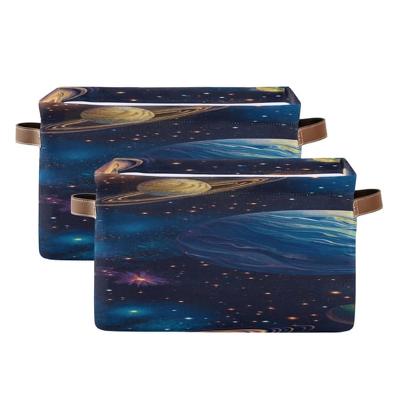 Planets Shining Stars Hand Drawn Square Storage Bins with Handles Collapsible Containing Box 2 Packs