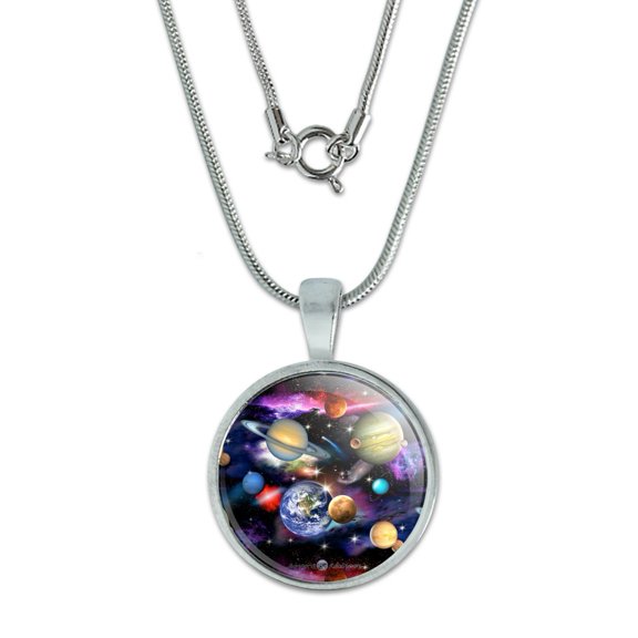 Planets Solar System Earth Saturn Jupiter Mars Pattern 0.75" Pendant with Sterling Silver Plated Chain