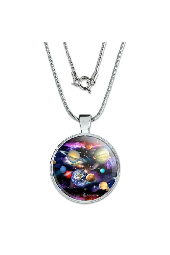 Planets Solar System Earth Saturn Jupiter Mars Pattern 1" Pendant with Sterling Silver Plated Chain
