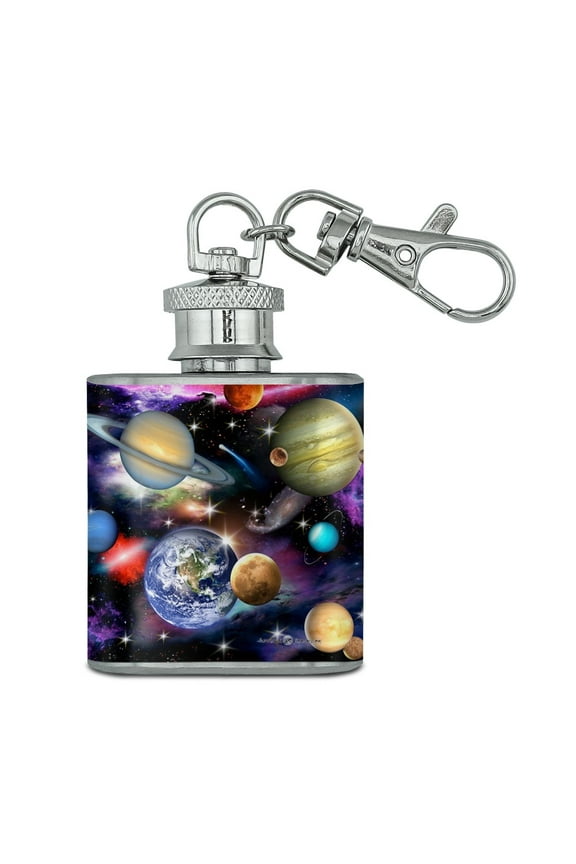 Planets Solar System Earth Saturn Jupiter Mars Pattern Stainless Steel 1oz Mini Flask Key Chain
