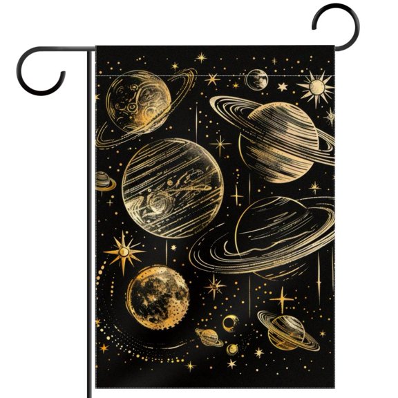 Planets Solar System Galaxy Stars Black Pattern Decorative Garden Flag for All Seasons, 12 x 18 Inch Small Vertical Double Sided Outside Decoration for Yard Farmhouse