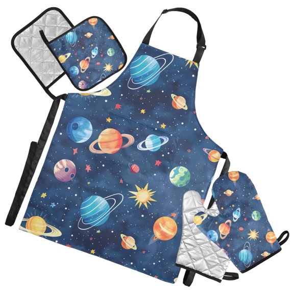 Planets Star Sun 5 Pcs Kitchen Set Heat Resistant Oven Mitts and Non-Slip Pot Holders with Adjustable Cooking Apron