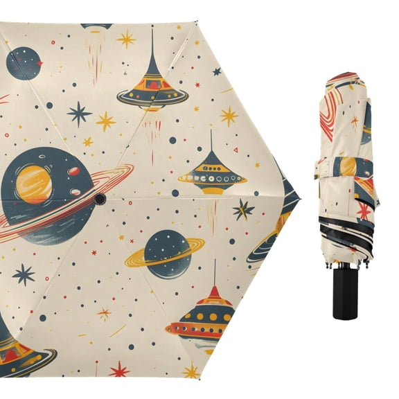 Planets Stars Ufos All Weather Umbrella Triple Folding Parasol 6 Ribs UV Protection Portable