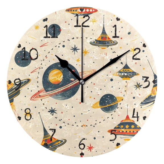 Planets Stars Ufos Round Wall Clock Silent Analog Battery Operated Black Pointer Home Decor 9.84" Diameter