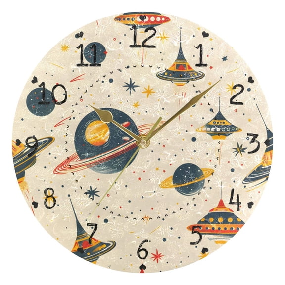 Planets Stars Ufos Round Wall Clock Silent Analog Battery Operated Gold Pointer Home Decor 9.84" Diameter