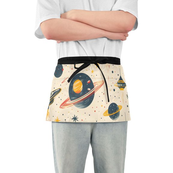 Planets Stars Ufos Short Server Apron with 3 Pockets for Unisex Chef Gardening