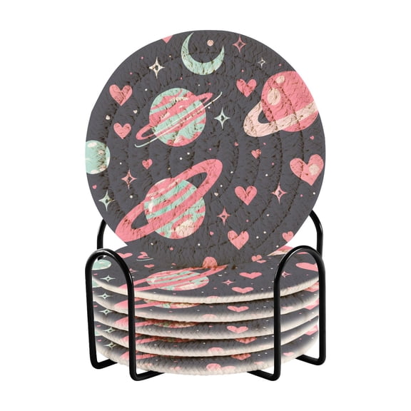 Planets Stars and Hearts Drinking Coasters Cup Mat with Holder for Kitchen Cafe Bar 6 Packs