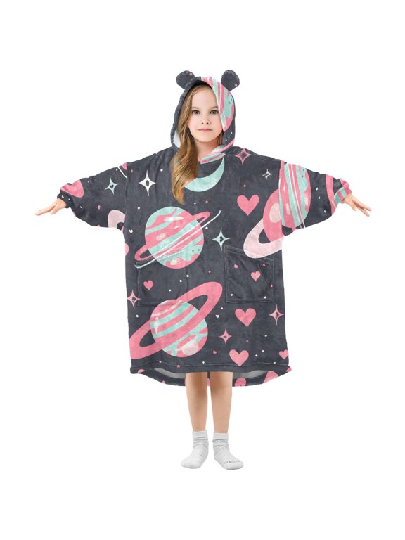 Planets Stars and Hearts Flannel Wearable Blankets Hooded Design Long Sleeves Wrap Unisex for 3T-14Y S