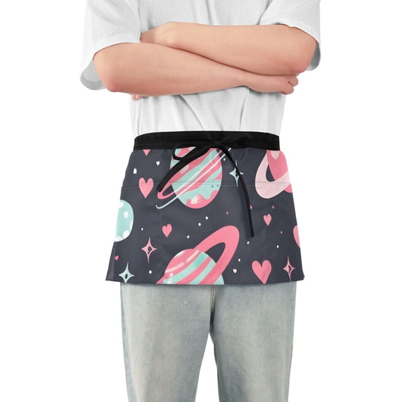 Planets Stars and Hearts Short Server Apron with 3 Pockets for Unisex Chef Gardening