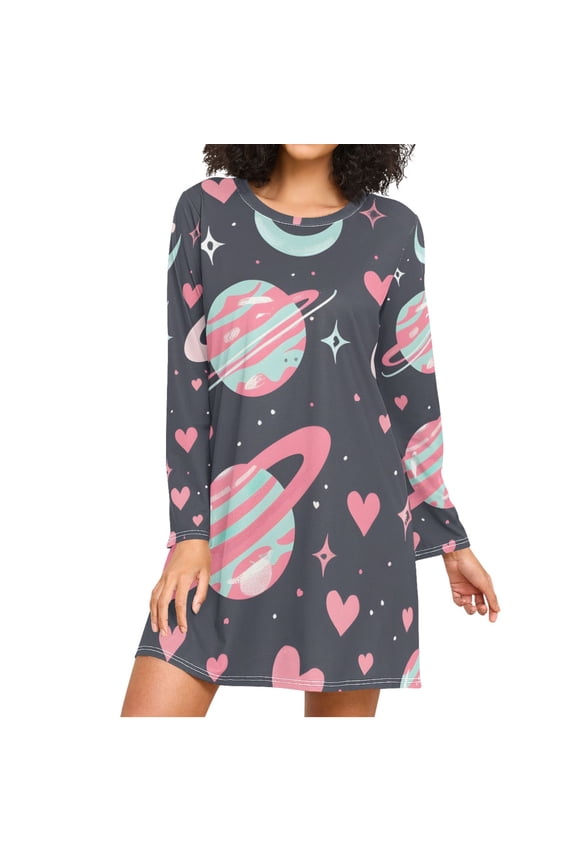 Planets Stars and Hearts Women's Long Sleeves Nightgowns Sleepwear Soft Pajama A-line Sleep Dress M