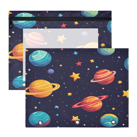Planets and Stars A4 Pencil Pouch 3 Ring Zipper Pencil Pouches Pencil Case for Binder Cosmetic Bag 2 Pack