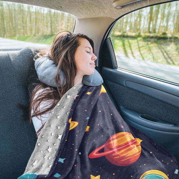 Planets and Stars Travel Blanket Pillow Compact Foldable Airplane Throw Blanket with Trolley Sleeve for Travel Camping