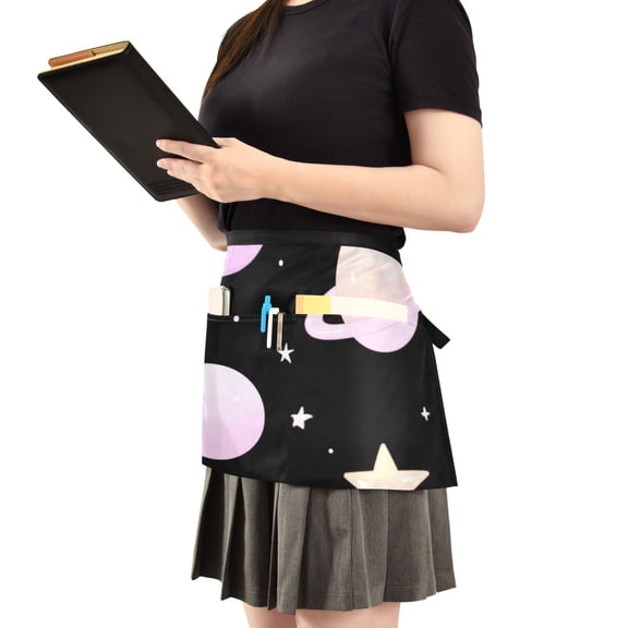 Planets and Stars on Black Server Apron with 3 Pockets Waist Apron for Waiter Waitress