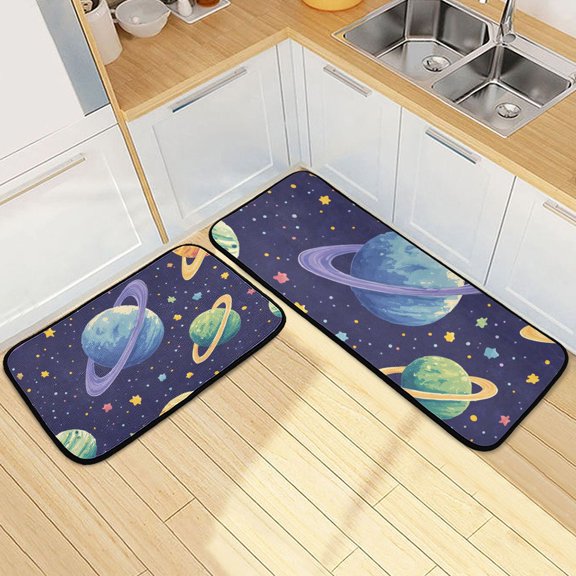 Planets in Space Kitchen Mats Non Slip Standing Desk Mat Runner Rug Washable Kitchen Rugs for Floor 2PCS