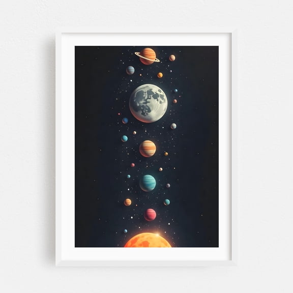 Planets in Space - Photography Space Surrealism Astronomy Cosmic Moon Fantasy Stars White Framed Wall Art Print 5 x 7 inches