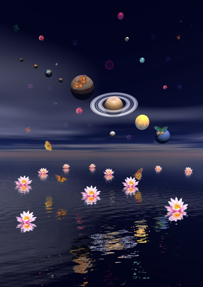 Planets of the solar system surrounded by lotus flowers and butterflies Canvas Art - Elena DuvernayStocktrek Images (12 x 17)