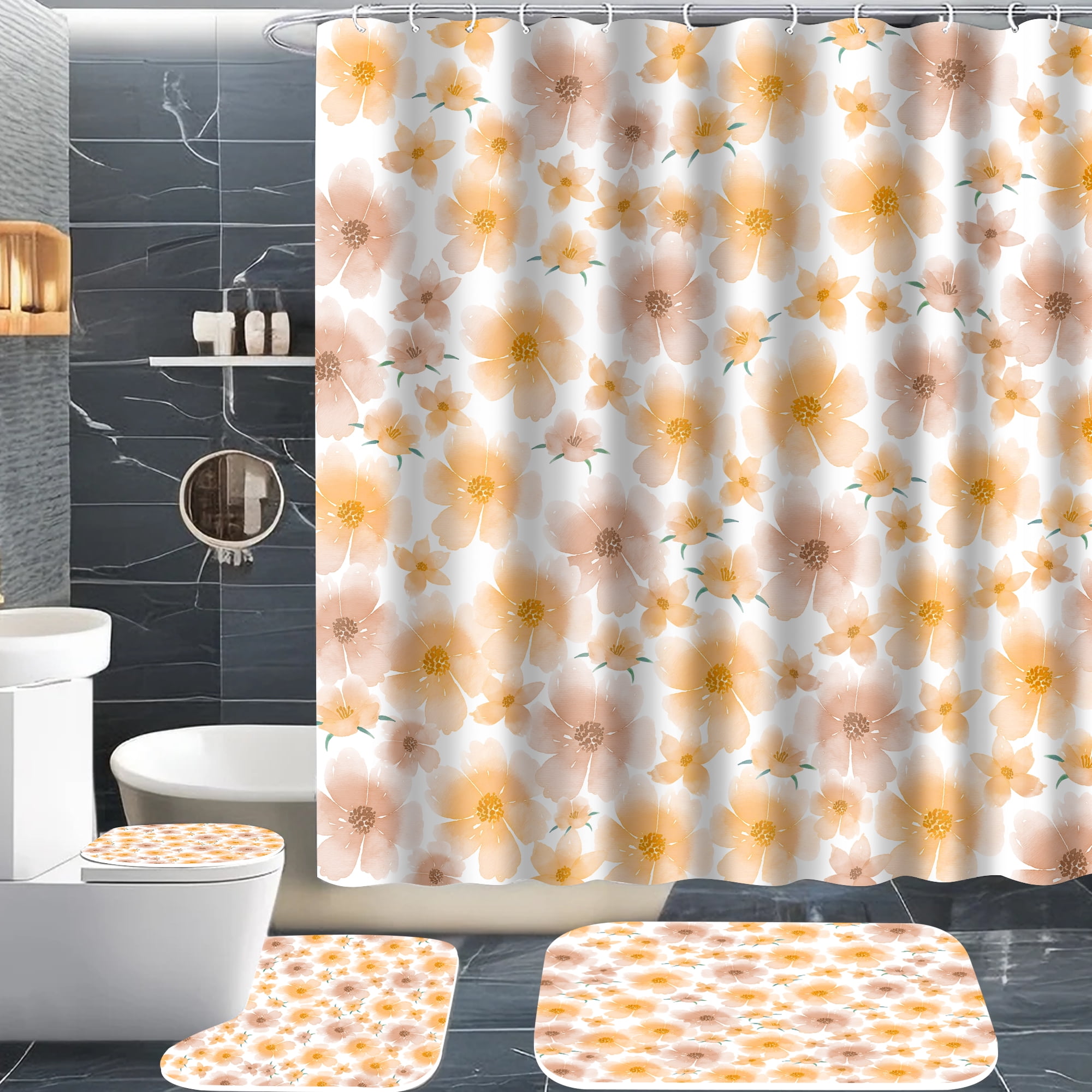 Planially 4 Pcs Shower Curtain Set with Rugs Toilet Lid Cover Mat Print Flowers Bathroom Sets