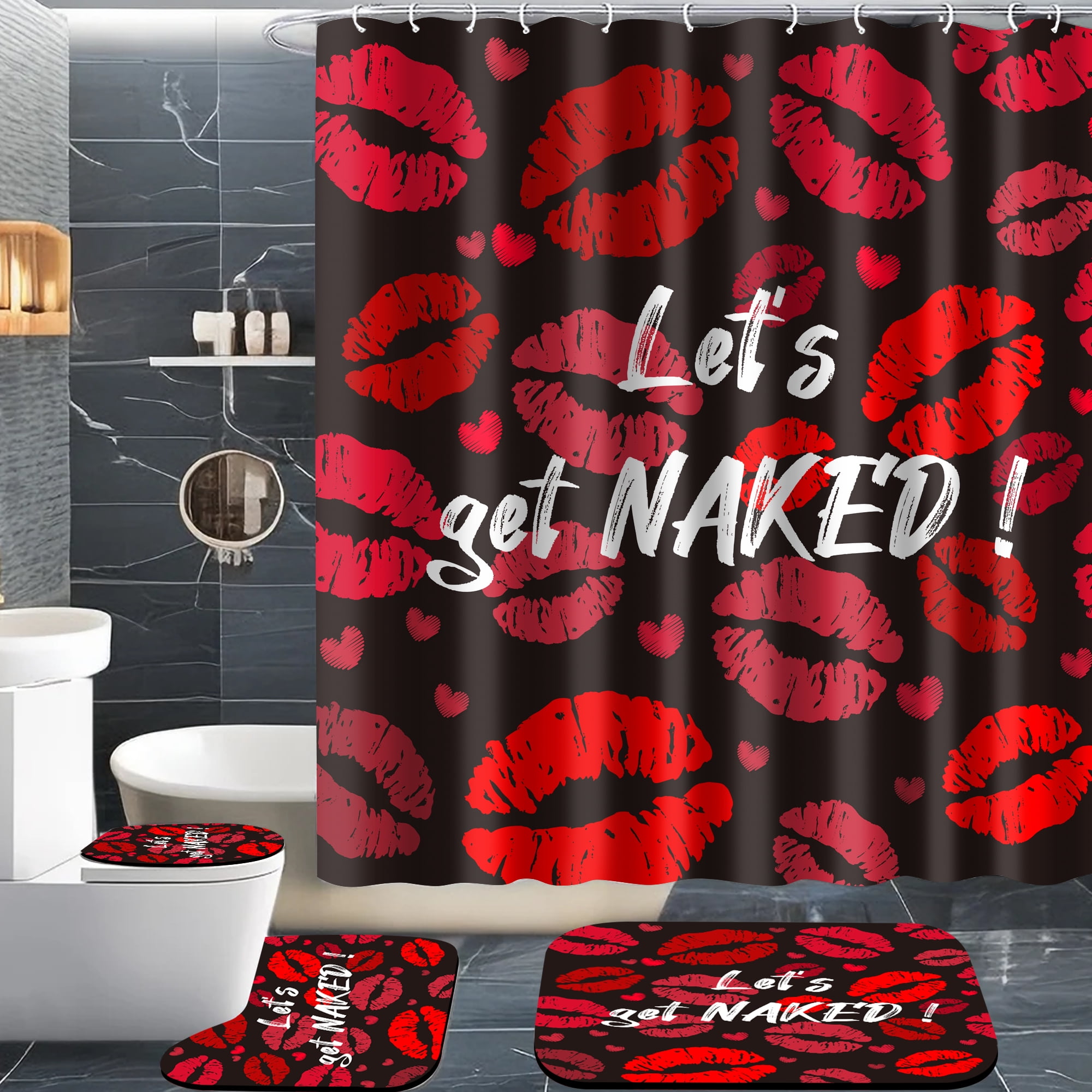 Planially 4 Pcs Shower Curtain Set with Rugs Toilet Lid Cover Mat Red ...