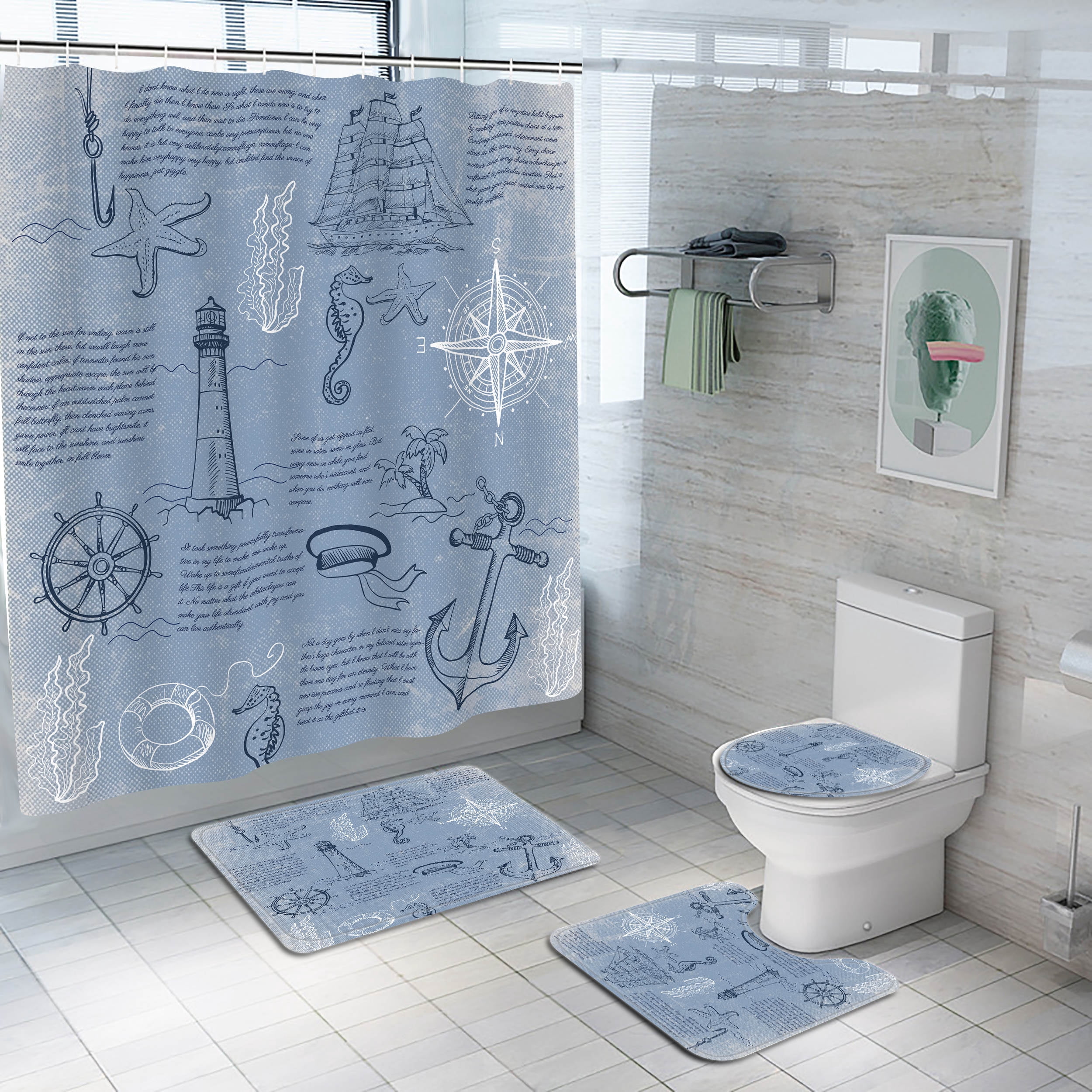 Planially Blue Fabric Shower Curtain and Rug Sets Waterproof 16 Pc Bathroom Set 72" x 72"