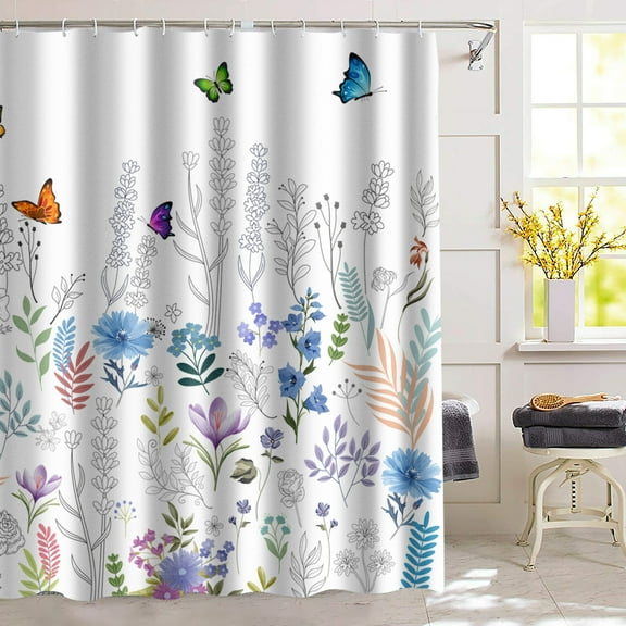 Planially Spring Shower Curtain 72" X 72" Butterfly Flowers Waterproof Bathroom Decor with 12 Hooks