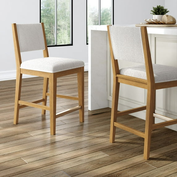 Plank+Beam 24" Counter Height Chair, Set of 2 Solid Wood Modern Kitchen Stools with Cushion, Pecan