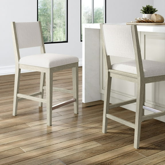 Plank Beam 24" Counter Height Chair, Set of 2 Solid Wood Modern Kitchen Stools with Cushion, White