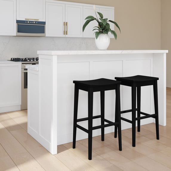 Plank+Beam 30" Bar Stool, Set of 2 Solid Wood Modern Kitchen Stools, Saddle Seat Backless Bar Height Chair with Metal Footrest, Black