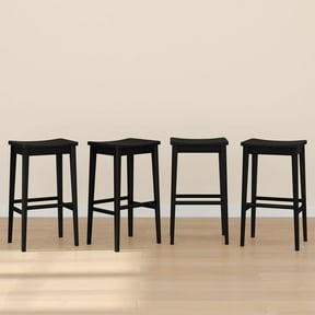 Plank+Beam 30" Bar Stool, Set of 4 Solid Wood Modern Kitchen Stools, Saddle Seat Backless Bar Height Chair with Metal Footrest, Black