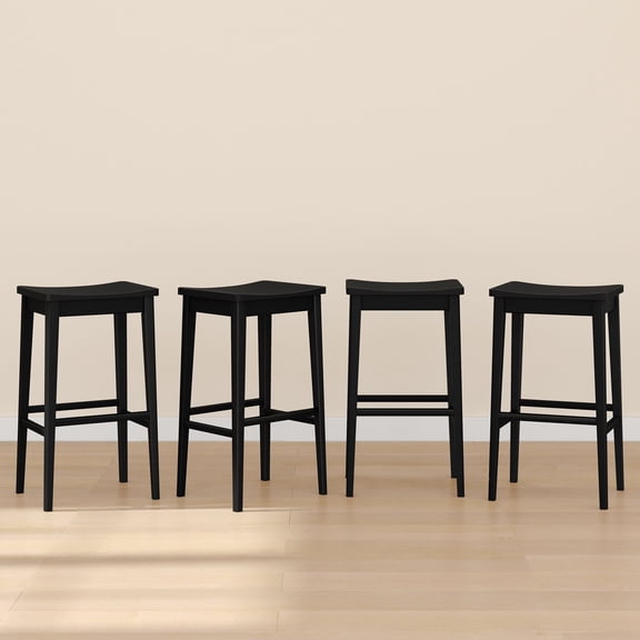 Plank+Beam 30" Bar Stool, Set of 4 Solid Wood Modern Kitchen Stools, Saddle Seat Backless Bar Height Chair with Metal Footrest, Black