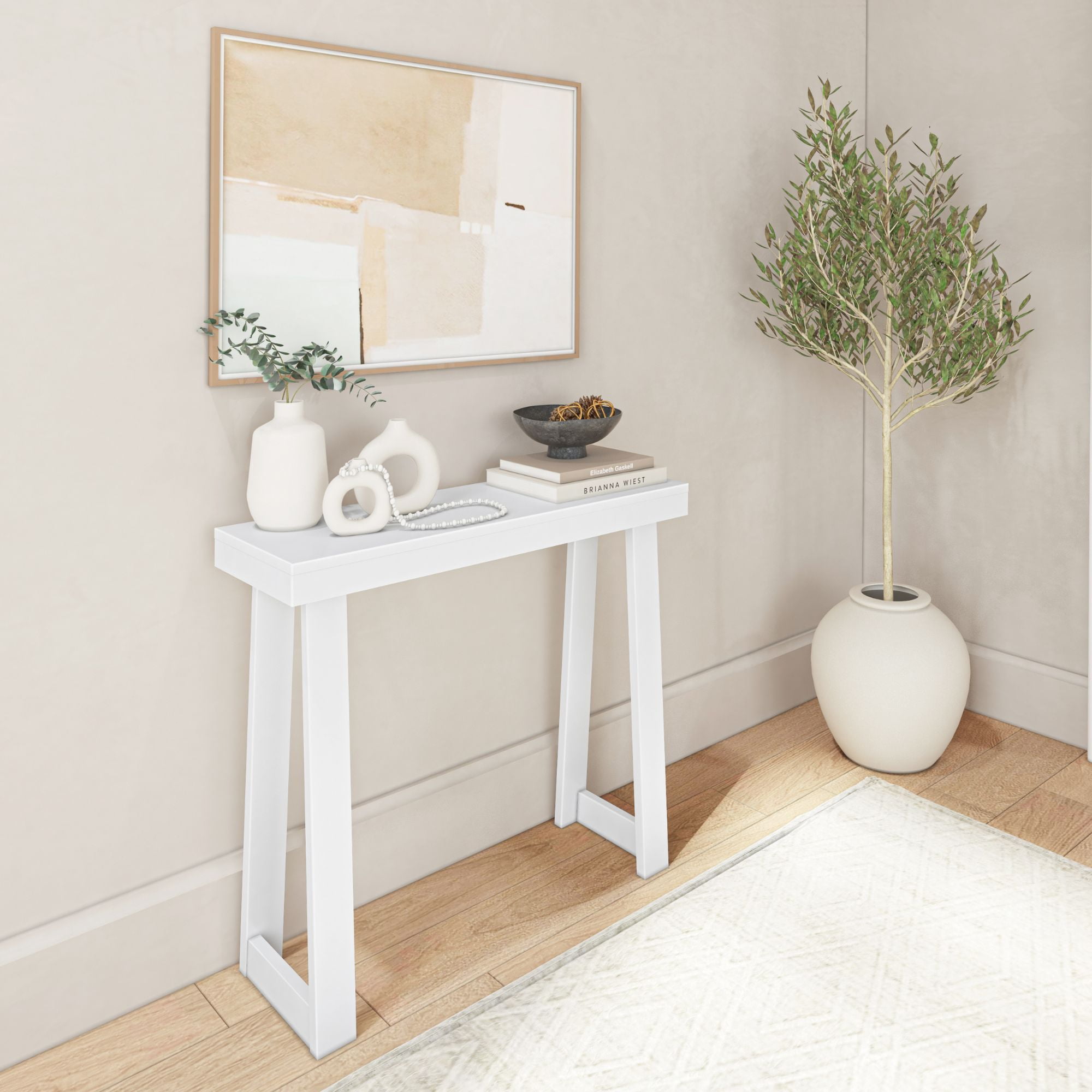 White Solid Pine Wood Console Table with Storage Shelf, 36"